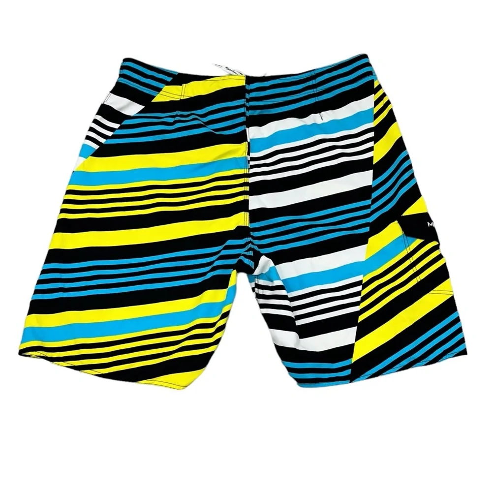 MAUI AND SONS BLUE, YELLOW, WHITE AND BLACK STRIPED BOARD SHORTS